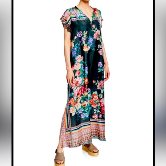 JOHNNY WAS SILK BETHIA FLORAL-PRINT V-NECK SHORT-SLEEVE DRESS WITH SLIP SIZE M - Picture 1 of 9